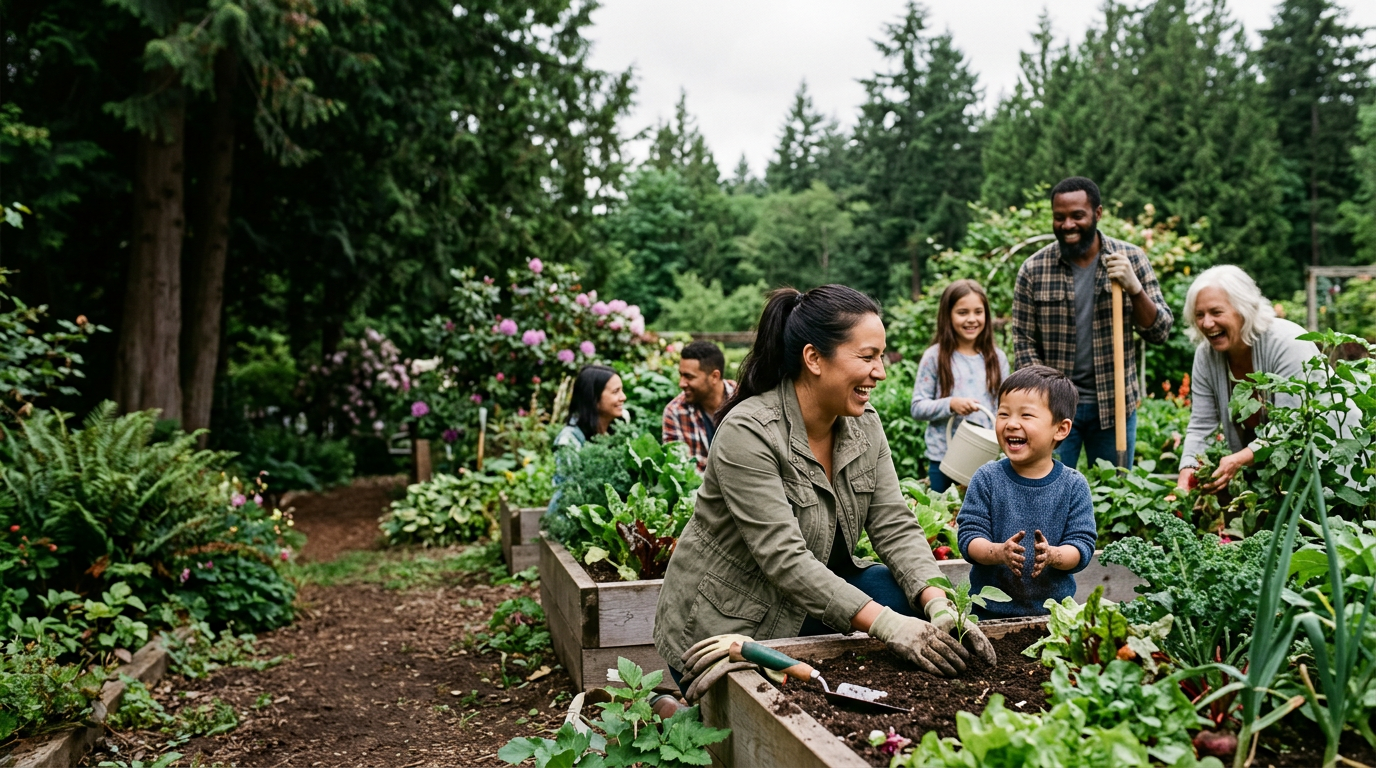 Community members gathering in a Vancouver garden